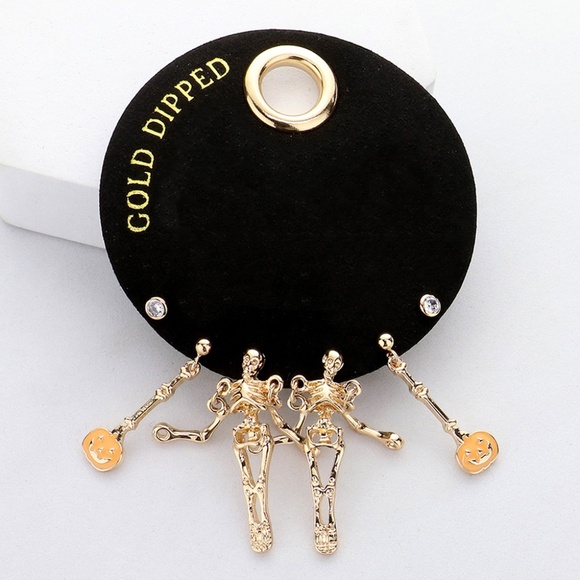 Secret Box Gold Dipped Enamel Halloween Pumpkin Metal Skeleton Earrings (A) - Picture 1 of 1